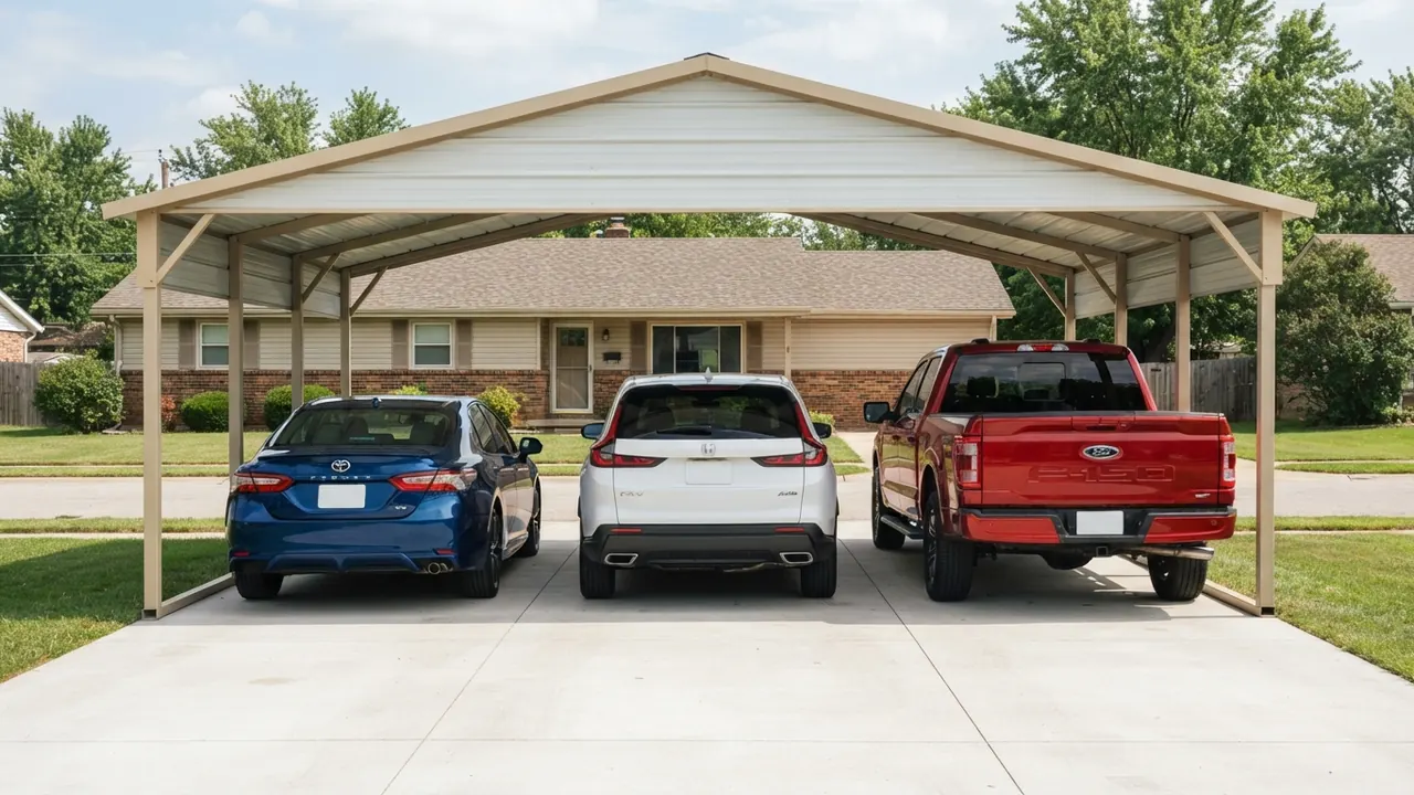 2025 Toyota Camry, 2025 Honda CR-V and 2026 Ford F-150 side by side under a 30 ft wide metal carport with visible leg posts