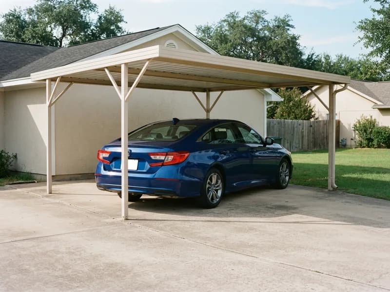 Attached steel carport on the side of a single-story stucco house sheltering a 2023 Honda Accord