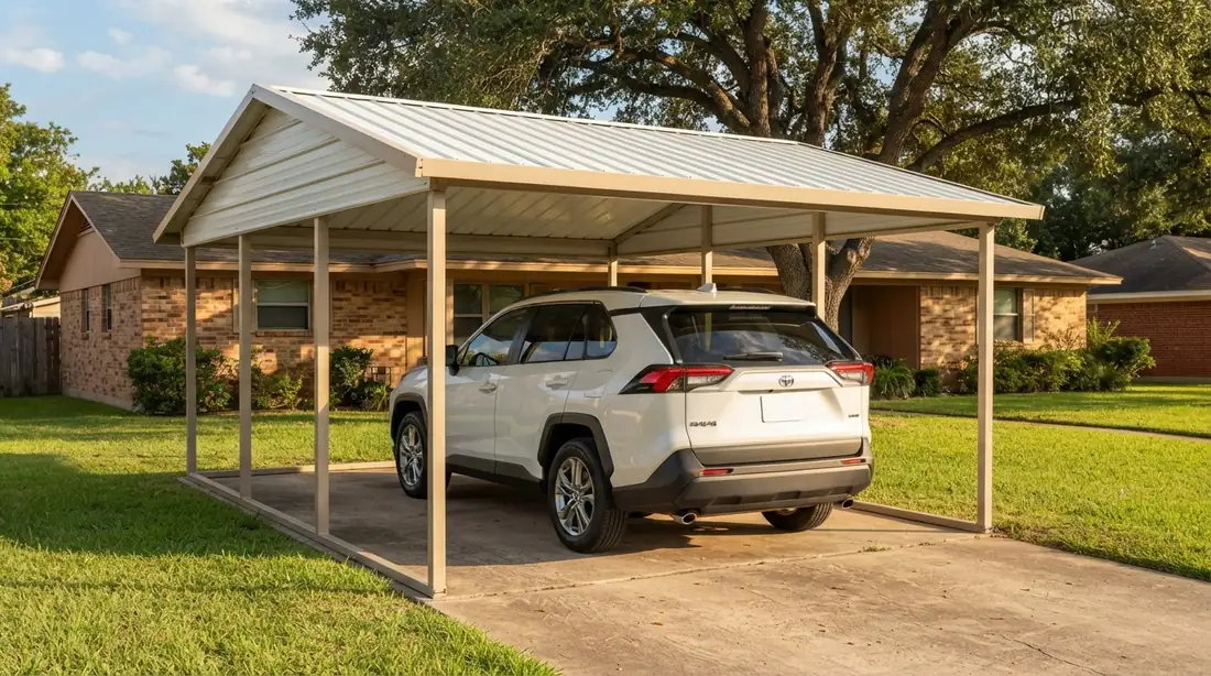 Freestanding steel carport covering a 2022 Toyota RAV4 on a residential driveway beside a single-story home