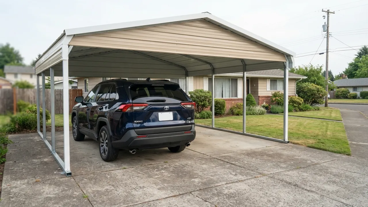 Metal carport about 20 ft wide with a light tan roof, one blue SUV parked in the left half and the right half empty
