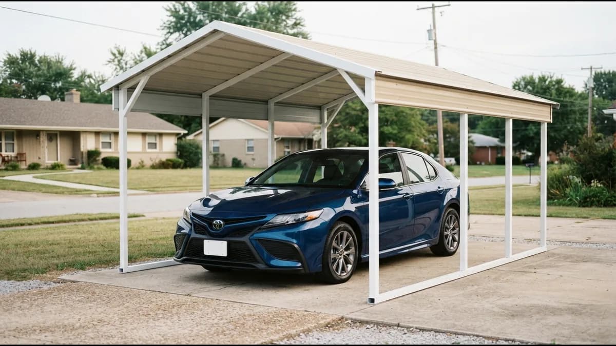 White square-tube steel carport with a tan gabled roof sheltering a blue 2023 Toyota Camry on a suburban driveway