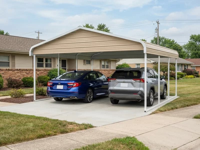 Two-car steel carport 20x20 ft over a 2023 Honda Accord and a 2022 Toyota RAV4 on a suburban driveway beside a ranch house