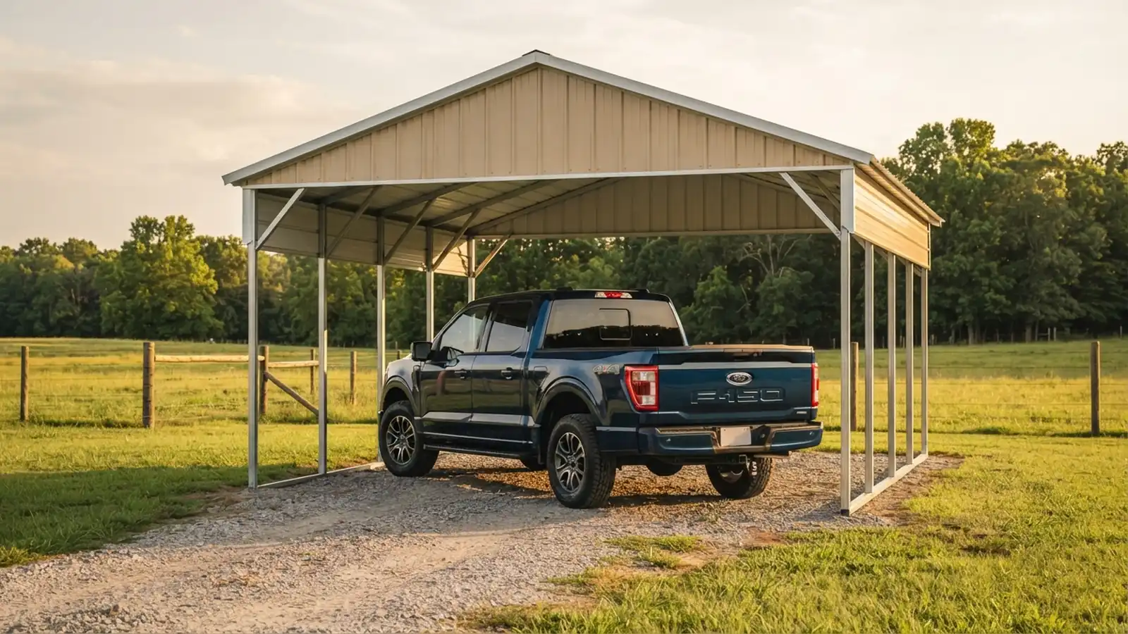 Barn-style steel carport with a vertical roof and open sides sheltering a 2023 Ford F-150 on a rural property