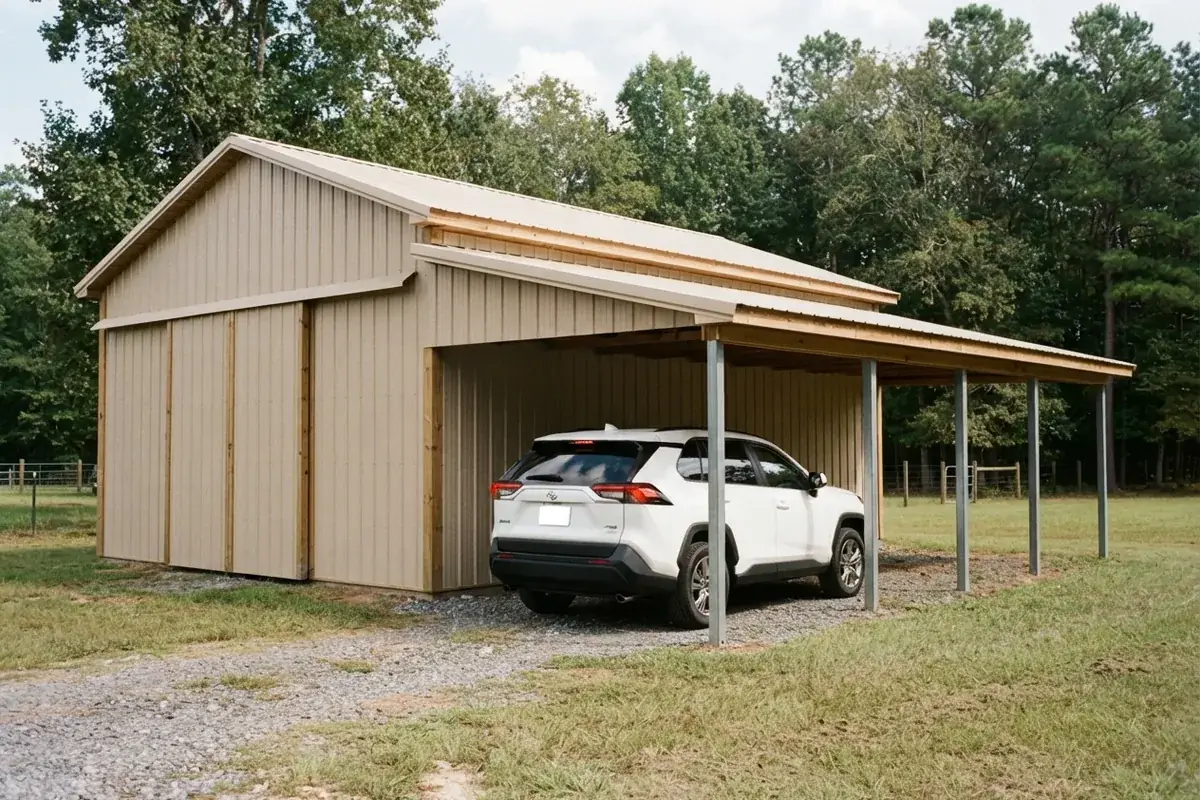 Pole barn with an open lean-to carport along one side and a 2022 Toyota RAV4 parked beneath it