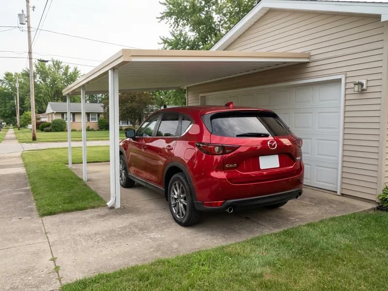 Open carport roof fixed along the side wall of a garage and carried on posts, with a 2022 Mazda CX-5 parked under the roof