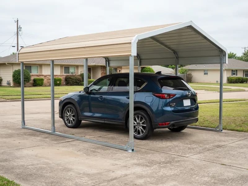 Side view of a 12x20 portable carport with a steel roof over a 2022 Mazda CX-5 on a suburban driveway