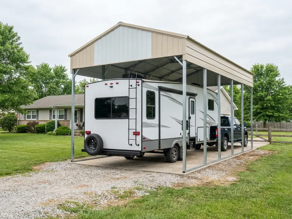 Fifth wheel trailer hitched to a heavy-duty pickup under a 14 foot leg steel carport, rear three-quarter view