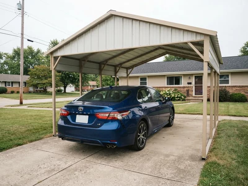 Metal carport with vertical roof panels running ridge to eave over a 2023 Toyota Camry on a suburban driveway
