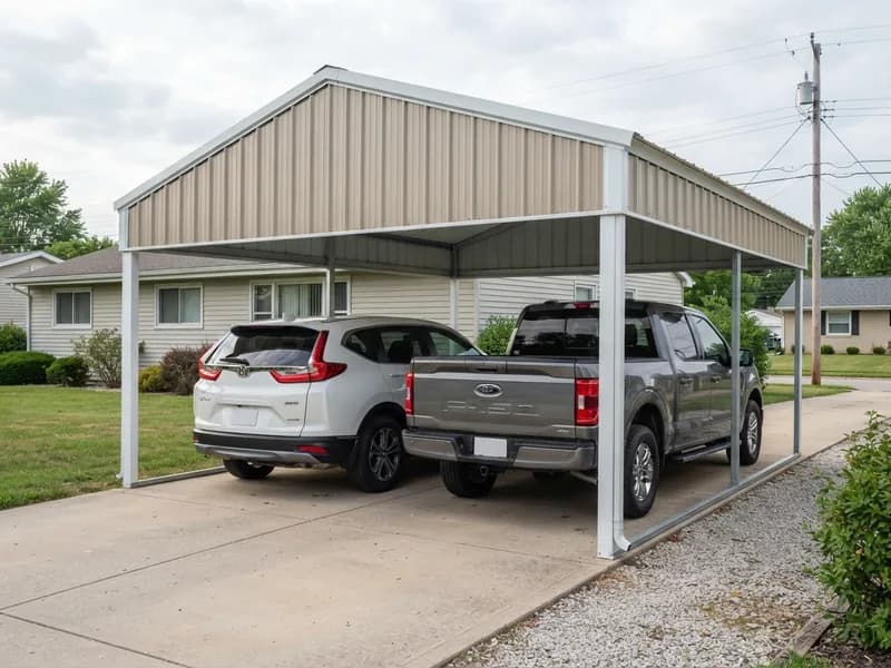 Side view of a metal carport with a vertical roof sheltering a 2022 Honda CR-V and a 2022 Ford F-150 on a driveway