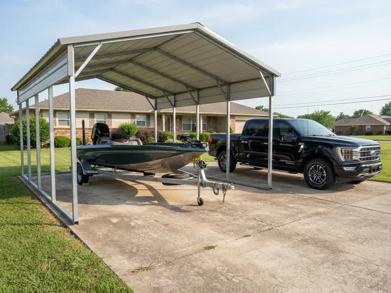 Bass boat on its trailer under an open-sided steel carport with a pickup truck parked beside it on a concrete pad