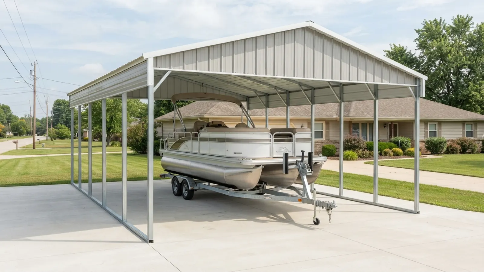 Pontoon boat on its trailer under a steel carport with a vertical roof, clear space above the boat and on both sides
