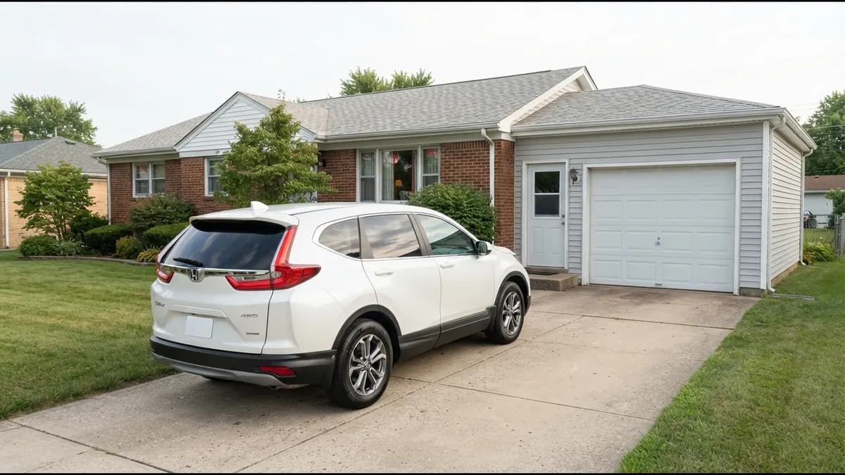 Carport closed in with framed walls, a vehicle door and a side entry door, a 2022 Honda CR-V on the driveway