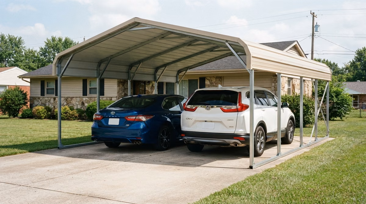 2023 Toyota Camry and 2022 Honda CR-V parked under a galvanized steel metal carport on a driveway