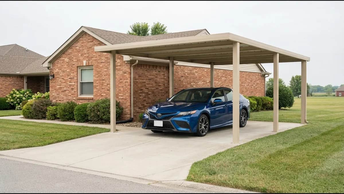 Attached carport open on two sides with a 2023 Toyota Camry parked under a flat roof beside a house