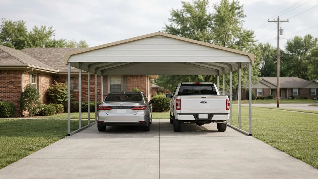 A 2025 Toyota Camry and a 2026 Ford F-150 parked side by side under a two car carport with even gaps between them