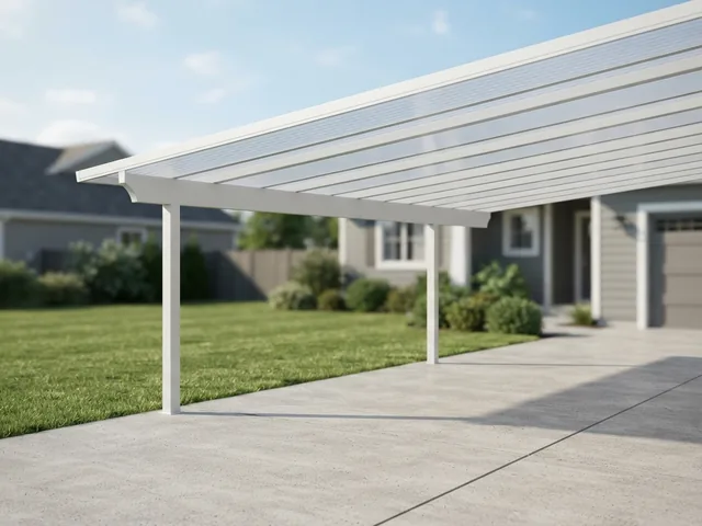 Aluminum carport with slim white posts and beam under a translucent polycarbonate roof beside a suburban lawn