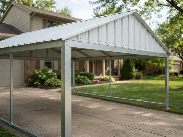 Steel carport with galvanized square tube posts and frame under white corrugated steel roof panels on a driveway