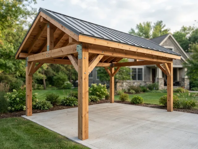 Wood carport with square timber posts, beams and bracing under a dark grey metal roof on a concrete pad