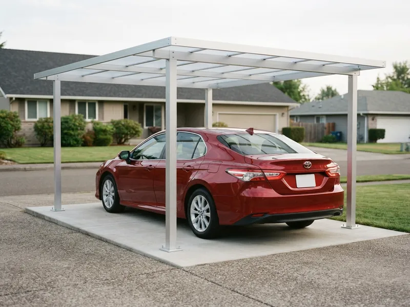 2023 Toyota Camry parked beneath an aluminum carport with a silver frame and clear polycarbonate roof panels
