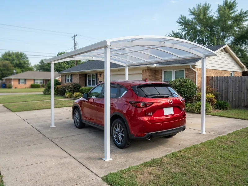 Single-car aluminum carport with a clear polycarbonate roof over a 2022 Mazda CX-5 in Soul Red beside a suburban house