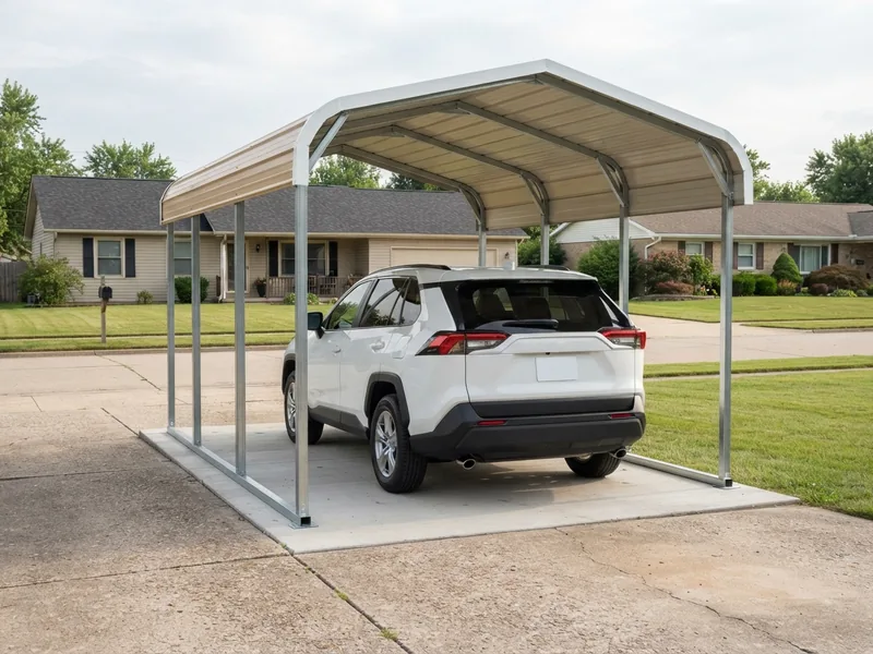 Single-car 12x20 steel carport kit with a regular rounded roof over a 2022 Toyota RAV4 in white beside a suburban house