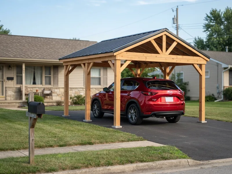 Single-car wood carport kit with cedar posts and a steel roof over a 2022 Mazda CX-5 in Soul Red beside a suburban house