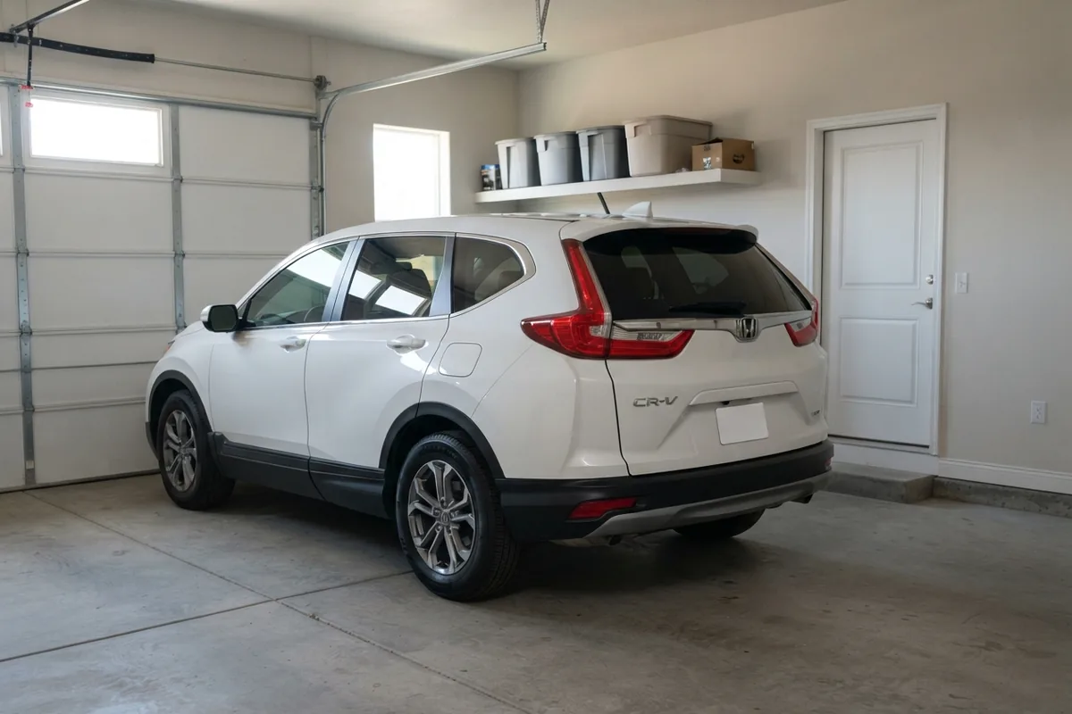 Inside an enclosed single-car garage with a 2022 Honda CR-V, drywall walls and a steel door to the house