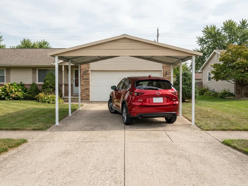 Freestanding open carport on four posts standing on a driveway in front of a closed garage, with a 2022 Mazda CX-5 under it